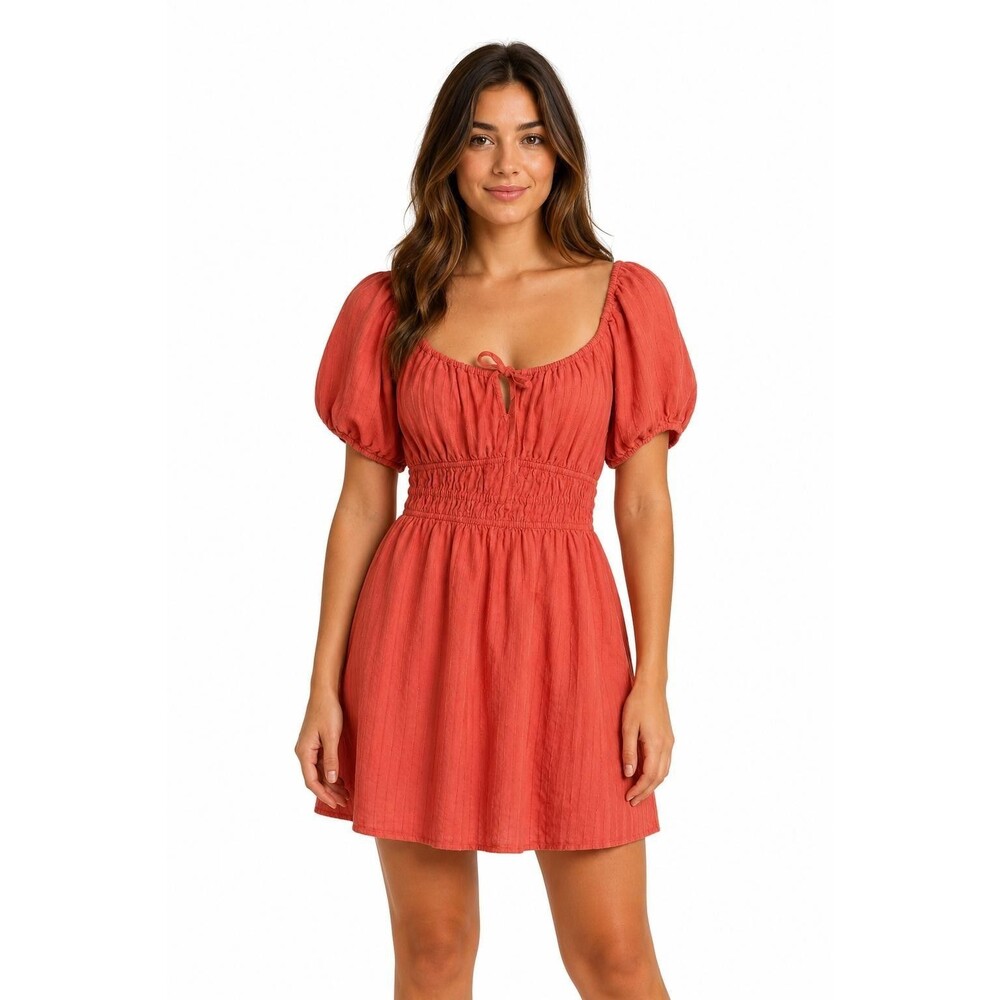 Madewell Women's Coral Cotton Puff Sleeve Smocked Mini Dress Size L